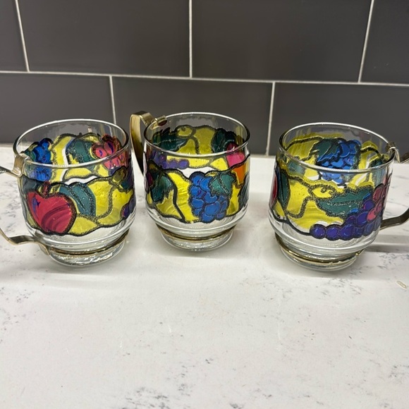 1960's Libbey Hostess Glassware Set 6 Stained Multicolor Fruit Design-New-NOS - Picture 1 of 5